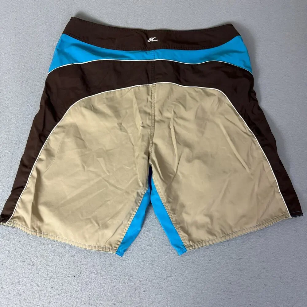 Hobie Men's Board Shorts Blue Brown Tan Colorblock Drawstring Surf Swim Trunks